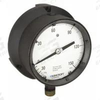 ASHCROFT Process Pressure Gauge: 0 psi to 150 psi, White, 4 1/2 in Dial, 1/2 in NPT Male, Bottom, 4X (MPN 451379ASL04LVAC/150#). Key specifications — Brand: ASHCROFT; Pointer Color: Black; Accuracy: ±0.5%; Dial Color: White; Gauge Wetted Parts: Brass / Bronze; Case Material: Epoxy-Coated Aluminum; Vibration Resistance Properties: Liquid-Filled; Pressure Range: 0 psi to 150 psi.
