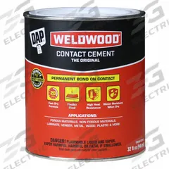 DAP Contact Cement: Weldwood Original, Gen Purpose, 1 qt, Can, Tan, Water-Resistant (MPN 00272). Key specifications — Primary Applications: General Purpose; For Surface Type: Non-Porous or Porous; Adhesive Color: Tan; Application Method: Roll On; Heat Resistant: Yes; Low Odor: No; Water Resistance: Water-Resistant; Standards: MMM-A-130B.