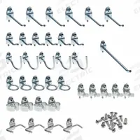 TRITON PRODUCTS Pegboard Hook Assortment Kit: 1/4 in_1/8 in Peg Hole, For 1 in Pegboard Hole Spacing (MPN 76936). Key specifications — Finish: Zinc-Plated; Color: Silver; For Tool Type: Multiple; Includes: (4) Pliers/Wrench Holders, (4) Standard Spring Clips, (5) Extended Spring Clips, (6) 1 in Single Rod 30 Degrees Bends, (6) 2-1/2 in Single Rod 30 Degrees Bends, 6 in Single Rod 30 Degrees Bend; Locking System: Screw-In; Mounting Type: Surface; Material: Steel; Accessory Type: Hook Assortment Kit.