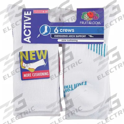 FRUIT OF THE LOOM Socks: Crew, 8-1/2 in, Women's, White/Pink/White/Purple/White/Teal, S - General Purpose Work Socks