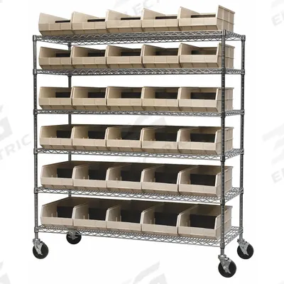 AKRO-MILS Mobile Bin Shelving: 60 in x 24 in x 68 in, 30 Bins, Open, Stack Bin, Beige - Wire Mobile Bin Shelving with Open-Front Bins