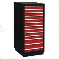 APPROVED VENDOR Modular Drawer Cabinet: 28 3/4 in x 28 in x 62 1/4 in, 13 Drawers, 117 Compartments (MPN 2HFP6). Key specifications — Drawer Inside Height: (2)4-3/4 in; Base Type: Frame; Number of Compartments per Drawer: (13) 9; Brand: APPROVED VENDOR; Cabinet Color: Black/Red.