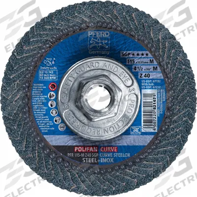PFERD Flap Disc: Radial, 4-1/2" x 5/8"-11, Zirconia Alumina, 40 Grit, Fiberglass Bk - High-Performance Flap Discs for Carbon & Stainless Steel
