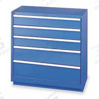 LISTA Modular Drawer Cabinet: 40 1/4 in x 22 1/2 in x 41 3/4 in, 5 Drawers, 57 Compartments, Steel (MPN HS09-0501A-FTKABB). Key specifications — Drawer Inside Height: (3) 5 in; Drawer Access: Single; Base Type: Frame; Number of Compartments per Drawer: (2) 15; Brand: LISTA; Cabinet Color: Bright Blue.