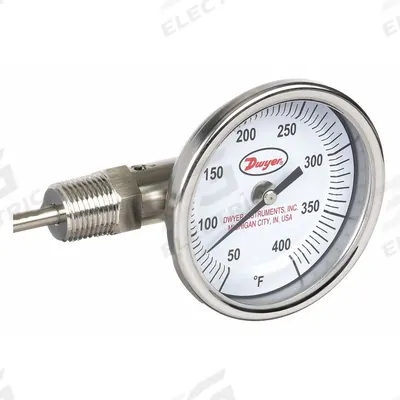 Dwyer Dial Thermometer: 50°F to 400°F, ±2%Full Scale Accuracy, 6 in Stem Lg - Side- & Bottom-Mount Fixed-Angle Thread-Mount Dial Thermometers
