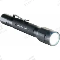 PELICAN Flashlight: 375 lm, 2.5 hr Run Time at Max. Brightness, 192 m Max Beam, 2 Light Outputs (MPN 2360B). Key specifications — Brand: PELICAN; Switch Location: Tail; Battery Requirements - Broad: Includes 2 AA.