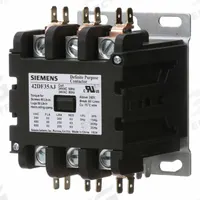 SIEMENS Definite Purpose Contactor: 3 Poles, 24V AC, 50 A, Non-Reversing, Std Contactor Frame Size (MPN 42DF35AJ). Key specifications — Brand: SIEMENS; Coil Voltage: 24V AC; Mounting Style: Surface; Terminal Connection Type: Quick Disconnect and Screw/Box Lug; Maximum Voltage Rating: 600V AC; Series: 42 Series; Phase: Three; Main Pole Contact Form: 3NO.