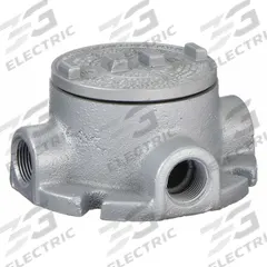 Conduit Outlet Body: Iron, GRF, 3/4 in Trade Size, X Body, 18 cu in Body Capacity (MPN GRFX75). Key specifications — Series: For Standard Body; Compatible Conduit Trade Size: 3/4 in; Thread Gender: Female; Hub Style: Threaded; Cover Included: Yes; Body Style: X; Connection Type: Threaded; Back Type: Flat.