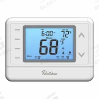 ROBERTSHAW Thermostat: Heat and Cool, Manual, B/C/G/O/Rc/Rh/W/W2/Terminal Designations/Y2, Rectangle (MPN RS9220). Key specifications — Application: Heat and Cool; Stages: Multi-Stage 2H/2C Programmable; Programming Capability: 7 Day; Shape: Rectangle; Terminal Designations: O; Temperature Control Range: 44 to 90 °F; Changeover Type: Manual; Brand: ROBERTSHAW.