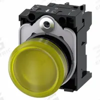 SIEMENS Pilot Light: 22 mm Panel Mounting Size, Yellow, LED, 24 V AC/DC Max Volt Rating (Supply) (MPN 3SU1102-6AA30-1AA0). Key specifications — Series: 3SU; Brand: SIEMENS; Includes Push-To-Test: No Push-To-Test Included.