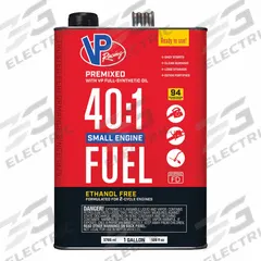 VP RACING FUELS Fuel: 40:1, 1 gal Container Size, Can, 2-Cycle, API TC/ISO-L-EGD/JASO FD (MPN 6291). Key specifications — Gas and Oil Mix Ration: 40:1; Container Type: Can; Brand: VP RACING FUELS.