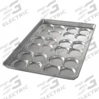 CHICAGO METALLIC Bun and Roll Pan: Aluminized Steel, 24 Slots, 17 3/4 in Overall Wd, 26 ga Gauge (MPN 42445E). Key specifications — Pan Style: Clustered Hamburger Bun Pan; Brand: CHICAGO METALLIC; Color: Shiny Gray; Material: Aluminized Steel; NSF Certified: No; Number of Slots: 24.