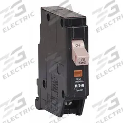 EATON Circuit Breaker: 15 A, 120/240V AC, Single Phase, 10kA at 120/240V AC, Type CH Loadcenters (MPN CHF115). Key specifications — attr195951: 15 A; attr195952: 120/240V AC; attr195953: Single; attr195954: 10kA at 120/240V AC; attr195958: Standard; attr195955: Type CH Loadcenters; attr211136: EATON.