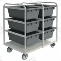 DURHAM MFG Tub Cart: 600 lb, 6 Bins/Tubs, Gray, 26 in L x 37 in W x 42 in H, Gray, 2 Usable Sides (MPN STBR-303642-6-5PU). Key specifications — Color: Gray; Includes: Bottom Shelf; Caster/Wheel Configuration: (2) Swivel with Brake; Bin Color: Gray; Brand: DURHAM MFG.