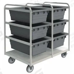 DURHAM MFG Tub Cart: 600 lb, 6 Bins/Tubs, Gray, 26 in L x 37 in W x 42 in H, Gray, 2 Usable Sides (MPN STBR-303642-6-5PU). Key specifications — Color: Gray; Includes: Bottom Shelf; Caster/Wheel Configuration: (2) Swivel with Brake; Bin Color: Gray; Brand: DURHAM MFG.