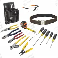 KLEIN TOOLS Electricians Tool Kit: 12 Total Pcs, Tool Pouch, 11 - 19 Pieces Range (MPN 80014). Key specifications — attr646319: Sockets Not Included; attr548984: (1) Wire Stripper; attr548989: (3) Diagonal-Cutting Pliers; attr646318: SAE; attr548987: None; attr548988: None; attr548990: None; attr552361: (1) Safety Glasses.