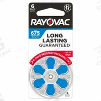 RAYOVAC Hearing Aid Batteries: 675 Battery Size, Zinc Air, 625 mAh Capacity, 1.4V DC, 0.45 in Dia (MPN 675CR-6ROVUS). Key specifications — Voltage - Batteries: 1.4V DC; Battery Chemistry: Zinc Air; Product Type: Hearing Aid Batteries; Battery Size: 675; Brand: RAYOVAC; Voltage - Subhead: 1.4V DC Hearing Aid Battery.
