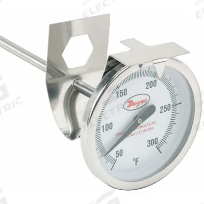 Dwyer Clip On Dial Thermometer: 50°F to 300°F, +/- 2% Accuracy, 8 in Stem Lg - General Purpose Vat & Pan Clip-On Dial Thermometers