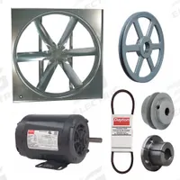 DAYTON Supply Fan w/Drive Package: Belt Drive, 42 in Blade, Open Dripproof, 14,712 cfm, 230/460V AC (MPN 7AD06). Key specifications — Nameplate Voltage: 230/460V AC; Assembled: Unassembled; Brand: DAYTON; Enclosure Design: Open Dripproof Motor.