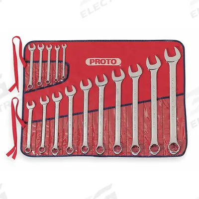 PROTO Combination Wrench Set: Alloy Steel, Chrome, 15 Tools, 15° Head Offset Angle - SAE 12-Point Combination Wrench Sets
