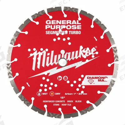 MILWAUKEE Diamond Saw Blade: Block/Brick/Concrete/Stone, 12 in Blade Dia., 1 in Arbor Size - Concrete & Asphalt-Cutting Blades