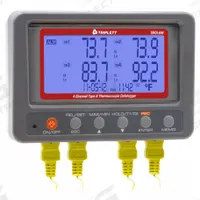 TRIPLETT Handheld Temperature Meters: -328°F to 2,498°F, TMDL400, Temp, 4 Probes Included, USB. Key specifications — Interface: USB; Parameters Measured: Temperature °C; Brand: TRIPLETT; Features: Log Multiple Files Containing up to 30,000 Readings Each; Includes: (4) AA batteries, (4) Type K Thermocouple bead probes, SD Card, and Universal AC Adapter (100-240V) with 3 plugs (US,UK, EU); Software Options: No Software Required; Data Logger Type: Temperature.