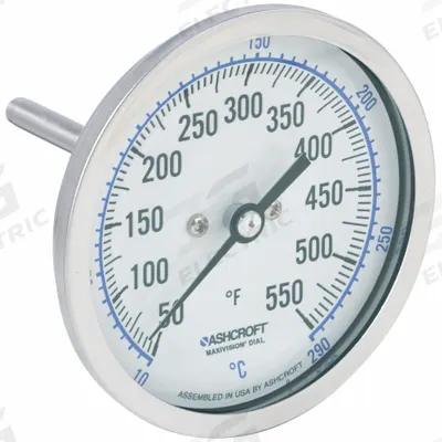ASHCROFT Dial Thermometer: 50°F to 550°F /10°C to 290°C, ±1% Accuracy, 2.5 in Stem Lg - Back-Mount Fixed-Angle Thread-Mount Dial Thermometers