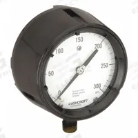 ASHCROFT Process Pressure Gauge: 0 psi to 300 psi, White, 4 1/2 in Dial, 1/2 in NPT Male, Bottom (MPN 451279AS04L300#). Key specifications — Brand: ASHCROFT; Pointer Color: Black; Accuracy: ±0.5%; Dial Color: White; Gauge Wetted Parts: Brass / Bronze; Case Material: Phenolic; Vibration Resistance Properties: None; Pressure Range: 0 psi to 300 psi.