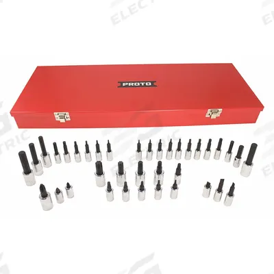 PROTO Socket Set: 1/4 in, 3/8 in Drive, 37 Piece, 6-Point, Metric/SAE - SAE & Metric Socket Sets