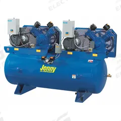 JENNY Electric Air Compressor: 5 hp, 2 Stage, Horizontal, 120 gal, 35 cfm, 175 psi, 240V AC (MPN 2W5B-120-230/1). Key specifications — attr48430: JENNY; attr48445: 60 Hz; attr48448: Magnetic Starter; attr48450: 240V AC; attr48474: Single; attr48487: Horizontal.