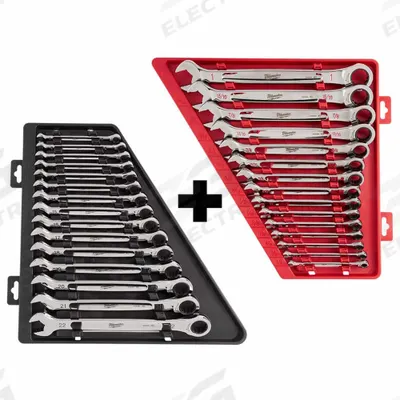MILWAUKEE Ratchet Combination Wrench Set: Alloy Steel, Chrome, 30 Tools, Std, Reversing - SAE & Metric 12-Point Ratcheting Combination Wrench Sets