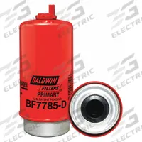 BALDWIN FILTERS Fuel Filter: Cartridge, 7 5/8 in Overall Lg, 3 5/16 in Outside Dia, Cellulose (MPN BF7785D). Key specifications — attr1137520: BF7785D; attr1137521: FS19906; attr434022: BALDWIN FILTERS; attr427730: Cellulose; attr427731: Attached Grommet; attr1017112: Buses; attr1017113: John Deere.
