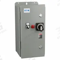 Combination Motor Starter: 3 Poles, Circuit Breaker, 32 A, 600V AC Coil, Thermal Protection, 600V AC (MPN ECX77H8DJD-N). Key specifications — Brand: EATON; Auxiliary Contact Form: 1NO; Coil Voltage: 600V AC; Control Transformer: Yes; Wire Termination Type: Screws; Poles/Phase: 3 Pole / Three Phase; Operator Type: Hand/Off/Auto (Selector Switch); Thermal Unit Type: Adjustable Thermal Units (Included).