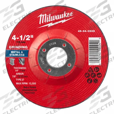 MILWAUKEE Grinding Wheel: Type 27, 4 1/2" x 1/4" x 7/8", Aluminum Oxide - General Purpose Grinding Wheels for Carbon & Stainless Steel