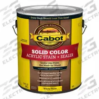 CABOT Wood Stain and Sealer: Exterior, Water, 1 gal Container Size, Wood, Flat, White, Solid (MPN 140.0001801.007). Key specifications — Brand: CABOT; Transparency: Solid; Use Location: Exterior; Sheen: Flat; Sub-Brand: Solid Color; Color: White.