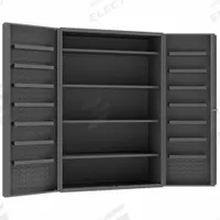 DURHAM MFG Bin Cabinet: 48 in x 24 in 72 in, 16 Shelves, 0 Bins, Deep Box, 14 ga Panel, Gray, Keyed (MPN DC48-4S14DS-95). Key specifications — Assembled: Assembled; Cabinet Style: Shelf and Bin; Brand: DURHAM MFG; Cabinet Color: Gray; Cabinet Finish: Powder Coated; Cabinet Material: Steel; Cabinet Storage Components: Shelves.
