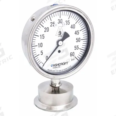 ASHCROFT Pressure Gauge: 0 psi to 60 psi, 3 1/2 in Dial, 2 in Tri-Clamp, Bottom - Dial 3-A Certified Sanitary Pressure Gauges