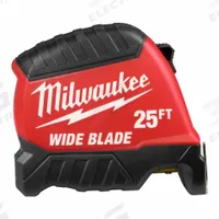 MILWAUKEE Wide Blade Tape Measure: Nonmagnetic Single Hook Tip, 25 ft, Plastic, Black/Red (MPN 48-22-1225). Key specifications — attr935324: MILWAUKEE; attr942259: Red; attr935328: 1/16 in; attr935329: Inches; attr935337: SAE; attr936607: Manual Lock; attr972446: Inch; attr979969: Nonmagnetic Single Hook.