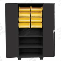 JAMCO Bin Cabinet: 36 in x 24 in 78 in, 2 Shelves, 8 Bins, Yellow, Solid, 14 ga Panel, Black, Solid (MPN HH236BL). Key specifications — Bin Color: Yellow; Bin HxWxD: (8) 7 in x 16-1/2 in x 14-3/4 in; Assembled: Assembled; Cabinet Style: Shelf and Bin; Brand: JAMCO; Cabinet Color: Black; Cabinet Finish: Powder Coated; Cabinet Material: Steel.