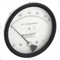 ASHCROFT Differential Pressure Gauge: Dual In-Line or Back, 1/8 in NPT Female, ±3% Gauge Accuracy (MPN 451134EDRQMXCYLM0.6IWD). Key specifications — Sensor Type: Diaphragm; Series: 1134; Housing Material: Glass Filled Nylon; Certificate of Calibration: Not Included; Gauge Accuracy: ±3%.