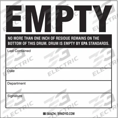 BRADY Handling Label: 6 in x 6 in, 6 in Label Ht, 6 in Label Wd, Vinyl, 100 Labels - Empty