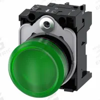 SIEMENS Pilot Light: 22 mm Panel Mounting Size, Green, LED, 24 V AC/DC Max Volt Rating (Supply) (MPN 3SU1102-6AA40-1AA0). Key specifications — Series: 3SU; Brand: SIEMENS; Includes Push-To-Test: No Push-To-Test Included.