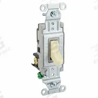 HUBBELL Wall Switch: Toggle Switch, 3-Way, Maintained, Ivory, 120/277V AC, 20 A (MPN CSB320I). Key specifications — Illuminated: No; Voltage Rating: 120/277V AC.