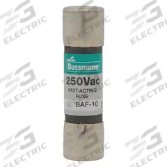 BUSSMANN Fuse: BAF Series, Midget, Fast-Acting, 6.25 A, 250 V AC, 13/32 in x 1 1/2 in (MPN BAF-6-1/4). Key specifications — attr1287209: BAF; attr211192: BUSSMANN.