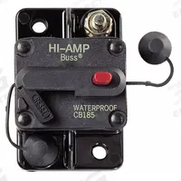 Automotive Circuit Breaker: CB185, 48V DC, 3 kA at 48V DC, Stud (MPN CB185-80). Key specifications — Series: CB185; Voltage: 48V DC; Interrupt Rating: 3 kA at 48V DC; Terminal Connection: Stud; Circuit Breaker Type: Hi-Amp Circuit Breaker; Brand: BUSSMANN.