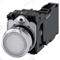 SIEMENS Illuminated Push Button: Illuminated, Flush Profile, Non-Metallic, 22 mm, 1NO/1NC (MPN 3SU1152-0AB60-1FA0). Key specifications — Brand: SIEMENS; Action: Momentary; Series: 3SU; Push Button Material Type: Non-Metallic.