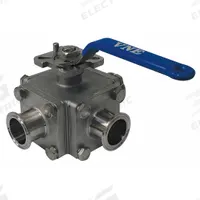 VNE Manual Three-Way Ball Valve: 4 in, 316 Stainless Steel, T Flow, 400 psi Max. Pressure (CWP) (MPN EG93CCC-64.0-T). Key specifications — Brand: VNE; Inlet Connection Entry: Side; Average Surface Roughness (Ra): 20 micron; Handle: Locking Lever.