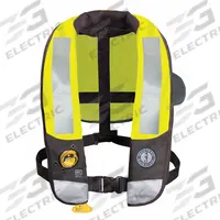 MUSTANG SURVIVAL Life Jacket: Black/Yellow, Type V, 38 lb Buoyancy, SOLAS-Grade Reflective (MPN MD3183T3-239-0-235). Key specifications — Color: Black; Brand: MUSTANG SURVIVAL; Buoyant Material: CO2; Closure: Belt; Inflation Mechanism: Automatic; Style: Life Jacket; Product Type: Personal Flotation Device; Standards: USCG Approved.