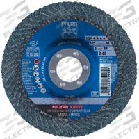 PFERD Flap Disc: Radial, 5" x 7/8", Zirconia Alumina, 40 Grit, Fiberglass Bk, Std Density (MPN 67196). Key specifications — Connector Size: 7/8 in; Series: Z SGP CURVE; Brand: PFERD.