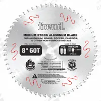 FREUD Circular Saw Blade: 8 in Blade Dia., 60 Teeth, 0.08 in Cut Wd, 5/8 in Arbor Size, Thin Metal (MPN LU77M008). Key specifications — attr1116119: FREUD; attr1145631: Aluminum.